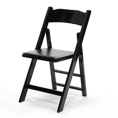 Wood Folding Chair Black Frame, Black Pad  www.Raphaels.com - Call to place your rental order today! 858-689-7368 - www.raphaels.com