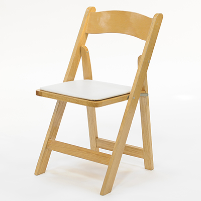 Wood Folding Chair Natural Frame, White Pad  www.Raphaels.com - Call to place your rental order today! 858-689-7368 - www.raphaels.com
