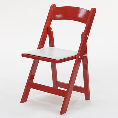 Wood Folding Chair Red Frame, White Pad  www.Raphaels.com - Call to place your rental order today! 858-689-7368 - www.raphaels.com