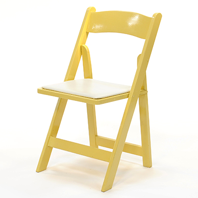 Wood Folding Chair Yellow Frame, White Pad  www.Raphaels.com - Call to place your rental order today! 858-689-7368 - www.raphaels.com