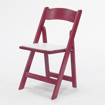 Wood Folding Chair Raspberry Frame, White Pad  www.Raphaels.com - Call to place your rental order today! 858-689-7368 - www.raphaels.com