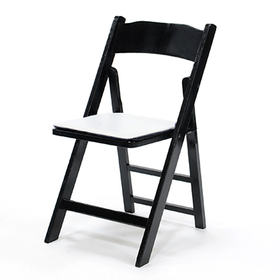 Wood Folding Chair Black Frame, White Pad  www.Raphaels.com - Call to place your rental order today! 858-689-7368 - www.raphaels.com