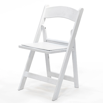 Resin Folding Chair White Frame, White Pad  www.Raphaels.com - Call to place your rental order today! 858-689-7368 - www.raphaels.com