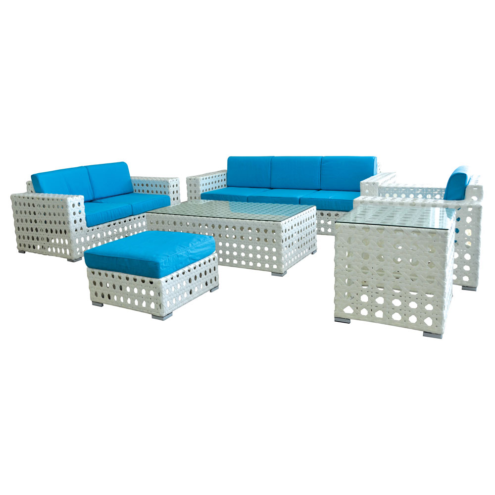 Rattan Capri White (5pc) w/ Turquoise Cushions  www.Raphaels.com - Call to place your rental order today! 858-689-7368 - www.raphaels.com