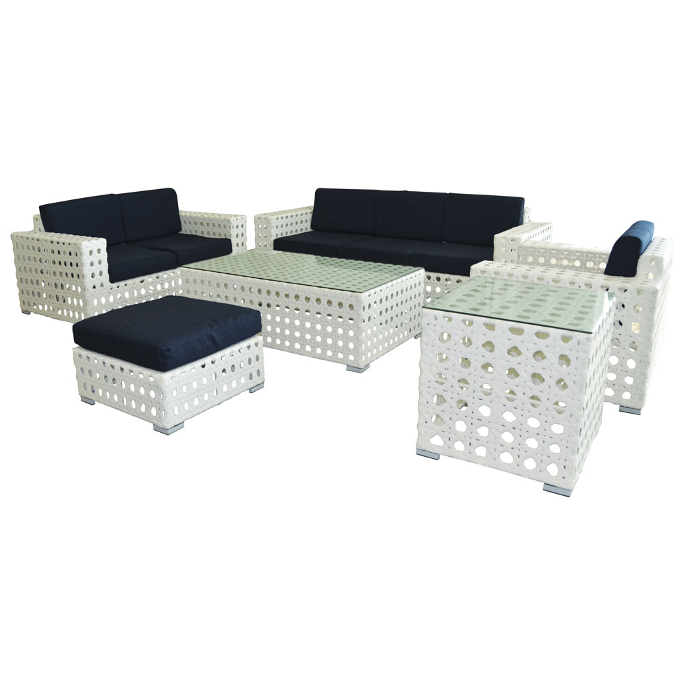 Rattan Capri White (5pc) w/ Navy Blue Cushions  www.Raphaels.com - Call to place your rental order today! 858-689-7368 - www.raphaels.com