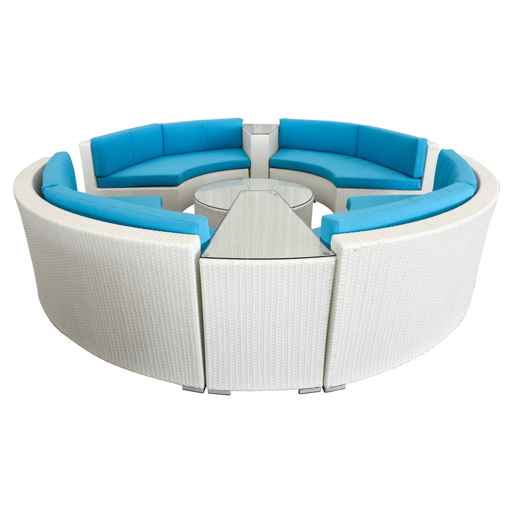 Rattan Bahama Circle White w/ Turquoise Cushions  www.Raphaels.com - Call to place your rental order today! 858-689-7368 - www.raphaels.com