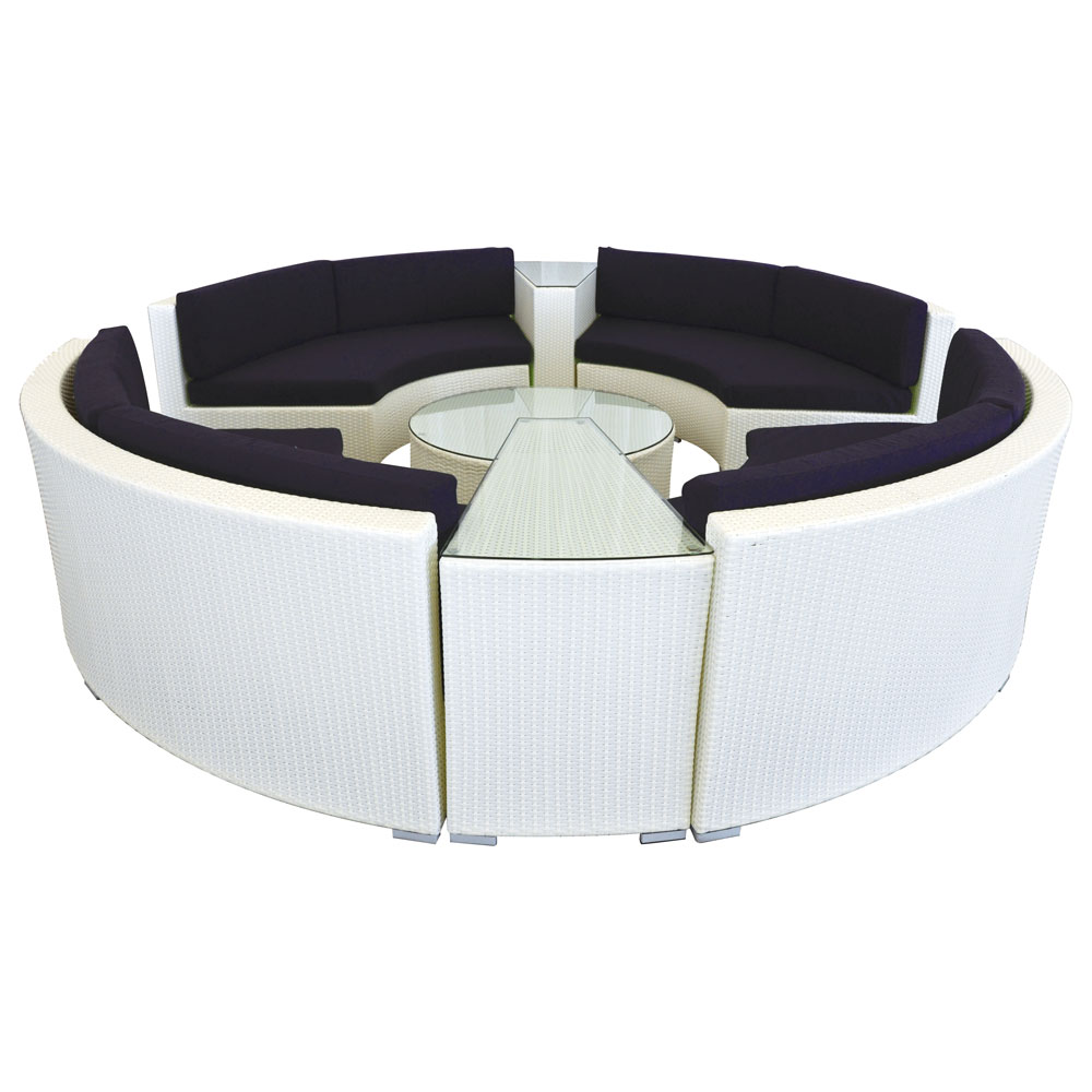 Rattan Bahama Circle White w/ Navy Blue Cushions  www.Raphaels.com - Call to place your rental order today! 858-689-7368 - www.raphaels.com