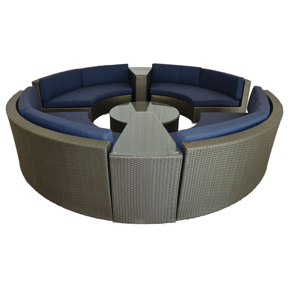 Rattan Bahama Circle Brown w/ Navy Blue Cushions  www.Raphaels.com - Call to place your rental order today! 858-689-7368 - www.raphaels.com