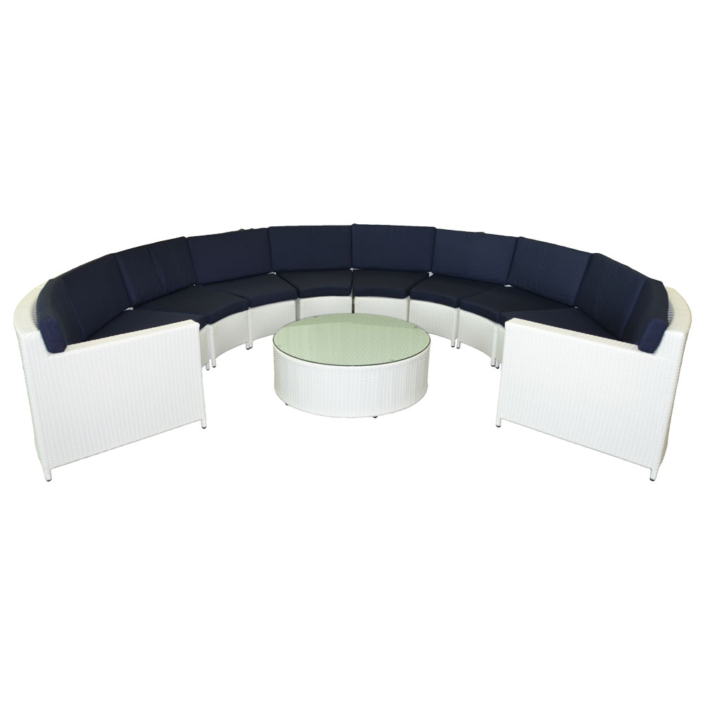 Rattan Bahama Crescent Wht w/ Navy Blue Cushions  www.Raphaels.com - Call to place your rental order today! 858-689-7368 - www.raphaels.com