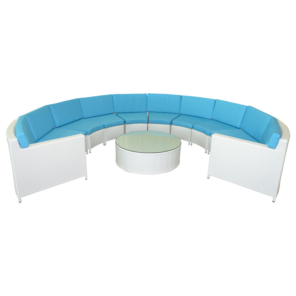 Rattan Bahama Crescent Wht w/ Turquoise Cushions  www.Raphaels.com - Call to place your rental order today! 858-689-7368 - www.raphaels.com