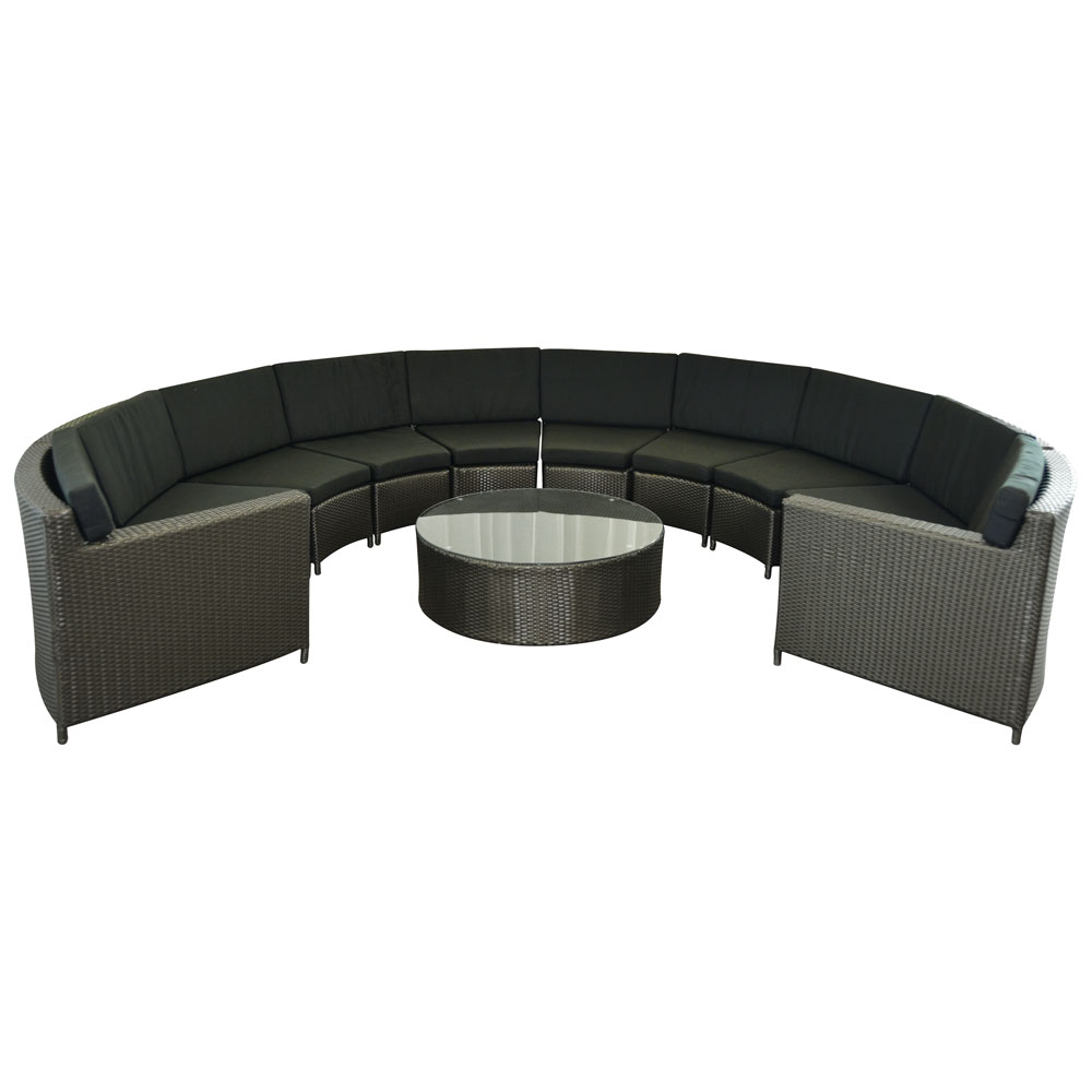 Rattan Bahama Crescent Brw w/ Black Cushions  www.Raphaels.com - Call to place your rental order today! 858-689-7368 - www.raphaels.com