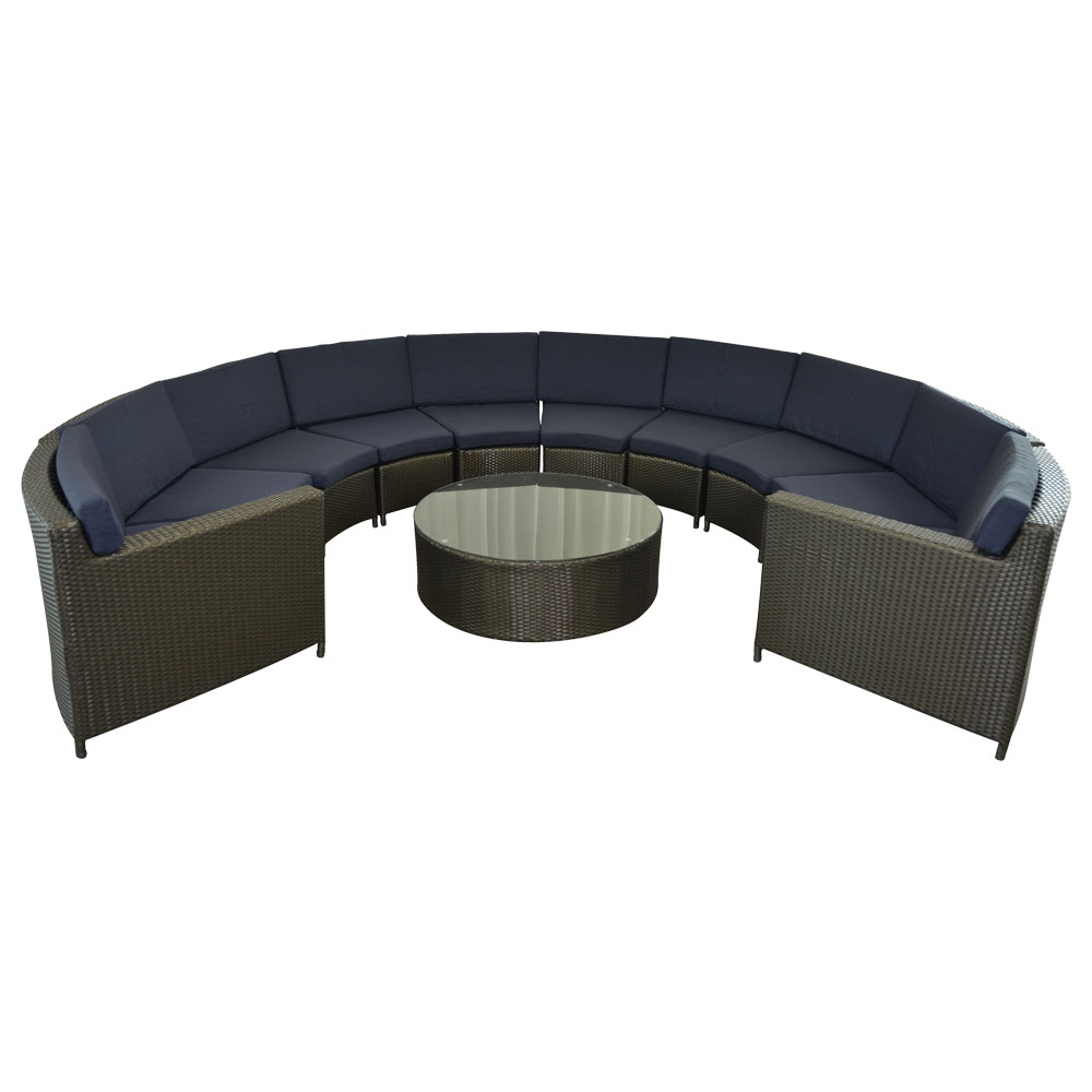 Rattan Bahama Crescent Brw w/ Navy Blue Cushion  www.Raphaels.com - Call to place your rental order today! 858-689-7368 - www.raphaels.com