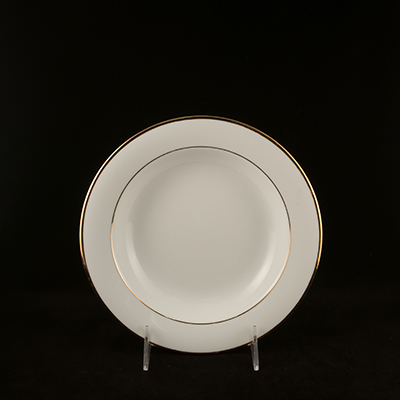 White With Gold Trim China Soup Plate 8"  www.Raphaels.com - Call to place your rental order today! 858-689-7368 - www.raphaels.com