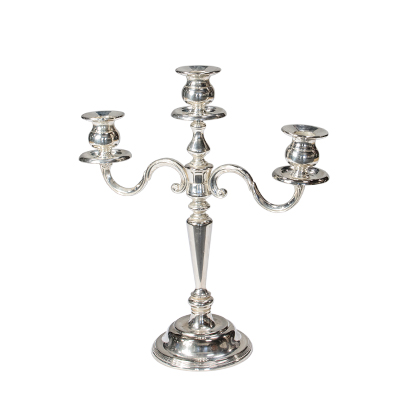 3 Branch Candlestick Silver Candelabra. 13"  www.Raphaels.com - Call to place your rental order today! 858-689-7368 - www.raphaels.com