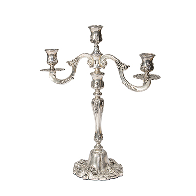 3 Branch Candlestick Silver Candelabra. 18"  www.Raphaels.com - Call to place your rental order today! 858-689-7368 - www.raphaels.com
