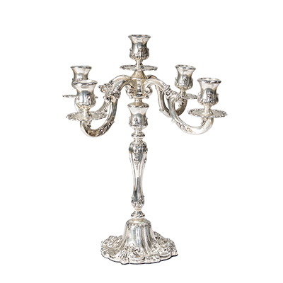 5 Branch Candlestick Silver Candelabra. 18"  www.Raphaels.com - Call to place your rental order today! 858-689-7368 - www.raphaels.com